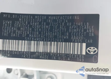 2025 Toyota Corolla Le из США, поврежденный, VIN 5YFB4MDEXSP252681